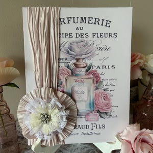 May include: A vintage-style sign with the text "RFUMERIE AU CIPE DES FLEURS" and "PARIS" in a decorative font. The sign features a floral design with pink roses and a bottle of perfume. The sign is displayed on a white easel.