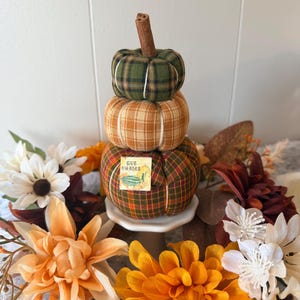 May include: A stack of three fabric pumpkins in green, tan, and multicolored plaid patterns, topped with a cinnamon stick stem. The bottom pumpkin features a small square tag with the text "GIVE THANKS" and a small illustration of a gourd.