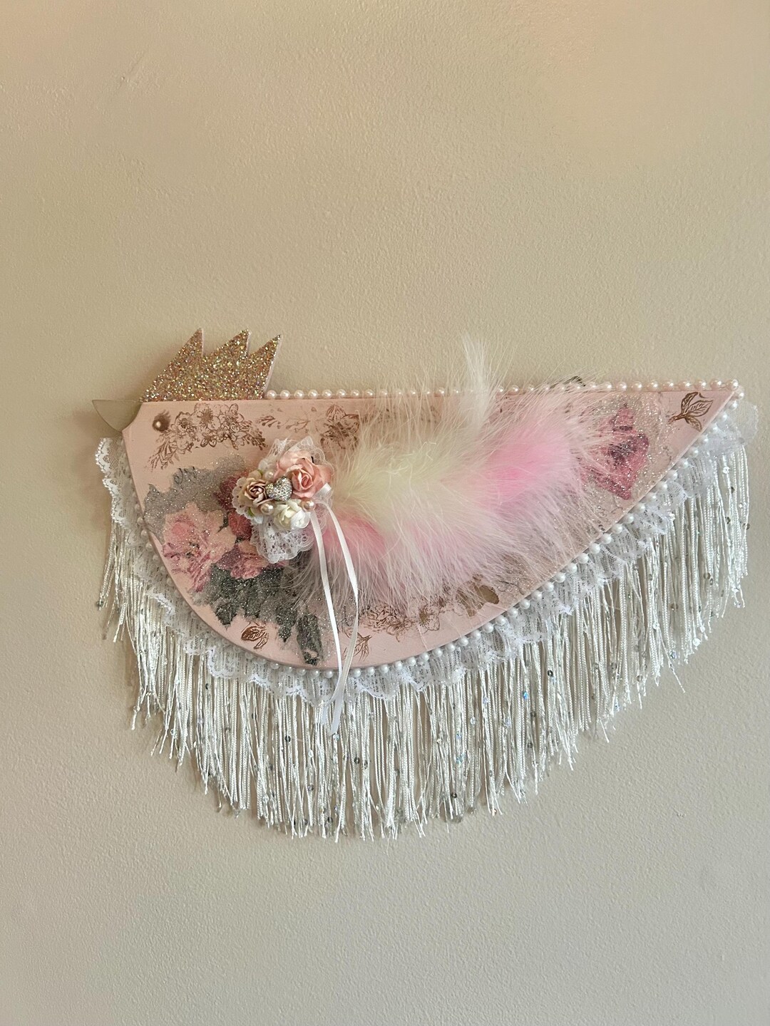 Shabby Chic Pink Chicken Wall Hanging, Sequined Fringe Decor - Etsy