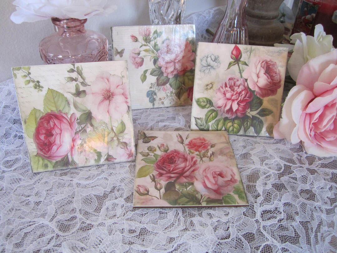 Shabby Chic Pink Rose Coasters, Vintage Floral Decor - Etsy
