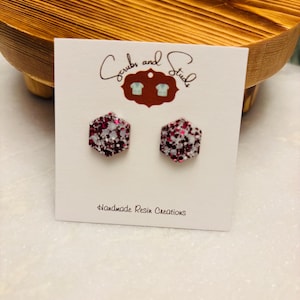 Maroon and White Glitter Hexagon Stud Earrings, MSU Earrings, Mississippi State