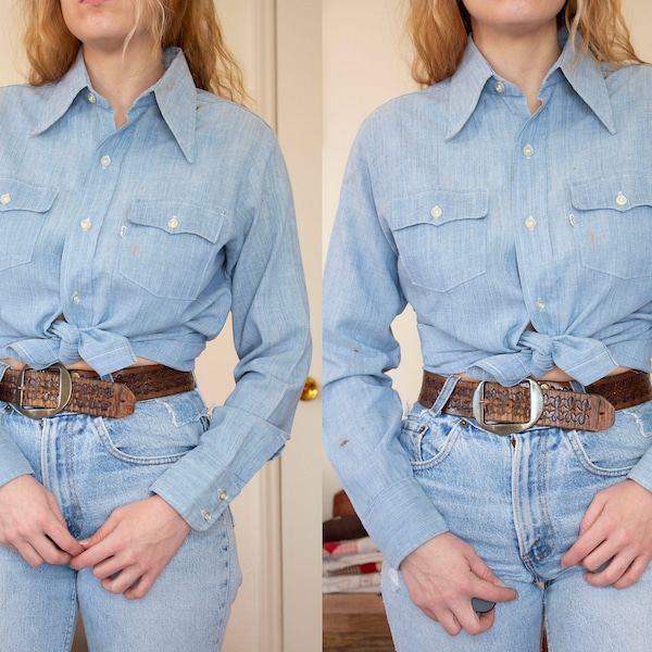 vintage 1970s white tab levi chambray denim button down western style shirt