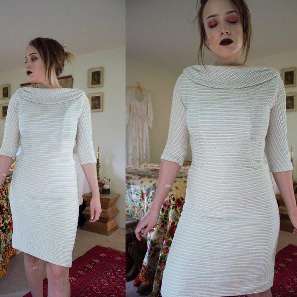 vintage 1950s wool knit sweater wiggle cowl neck off the shoulder mini antique white dress