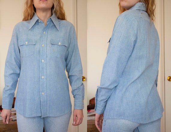 vintage 1970s white tab levi chambray denim butto… - image 2