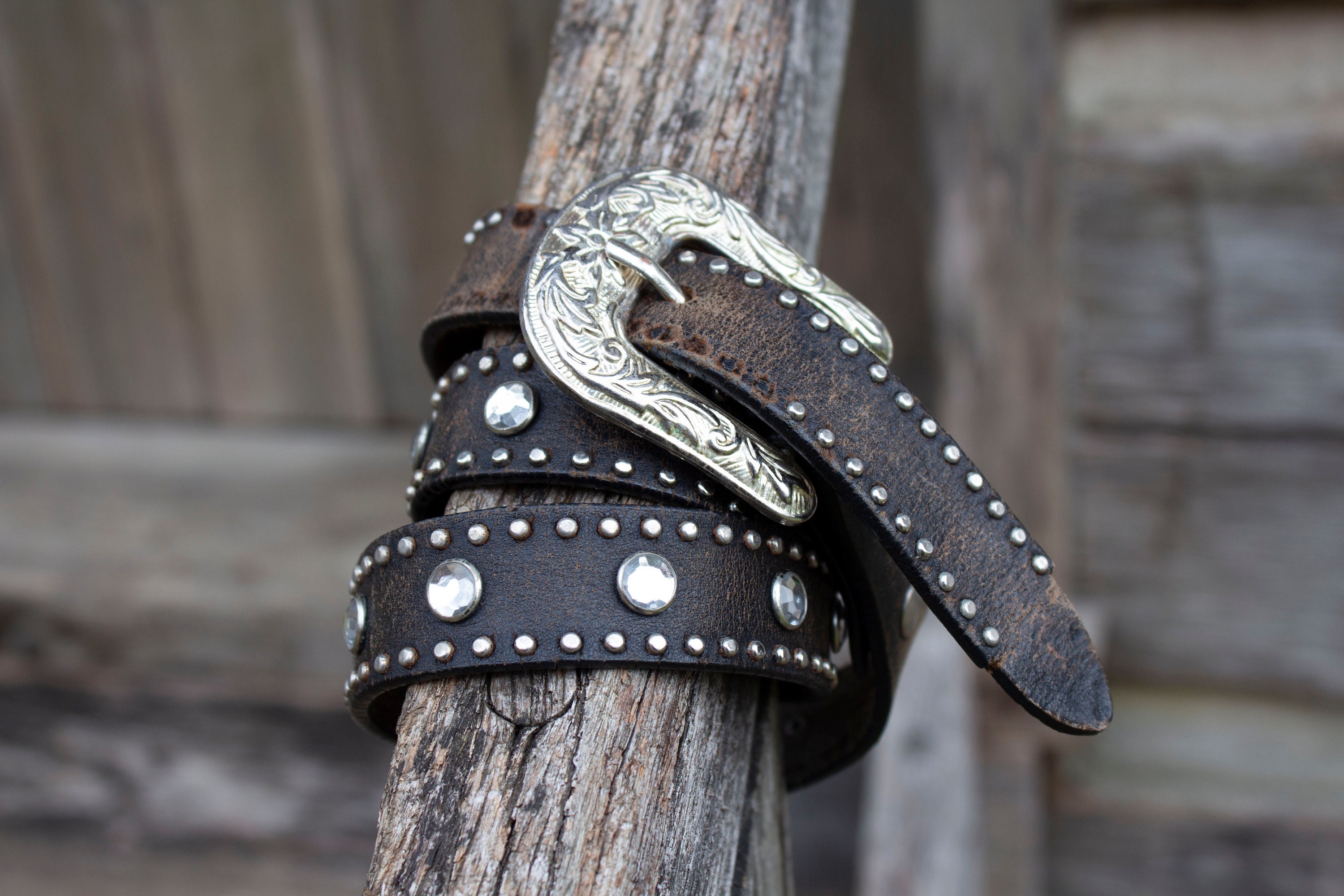 Vintage Rhinestone Jeweled Leather Western Cowboy Belt Cowgirl
