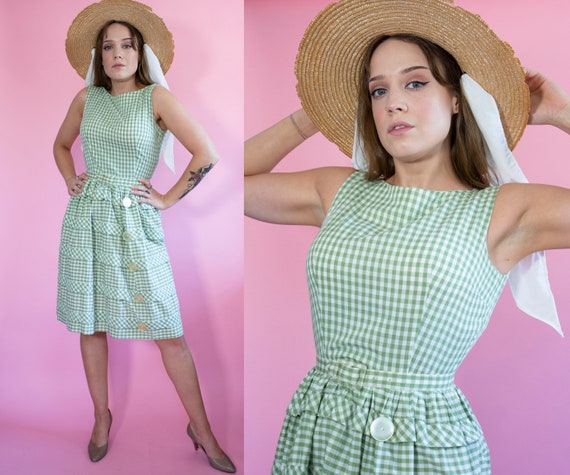 1950s drop waist green gingham sun dress - image 1