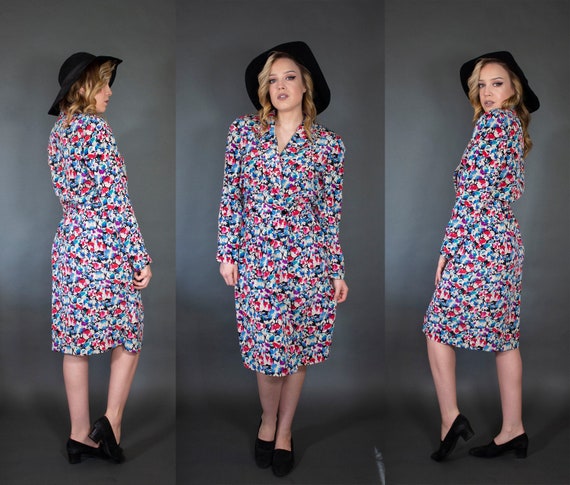 vintage 80s does 40s floral dress with shoulder pa