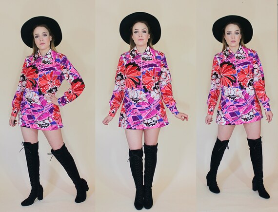 vintage 1960s long sleeve psychedelic mini dress