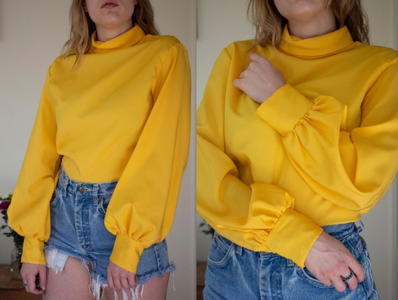 vintage 1960s yellow bishop sleeve high neck blous