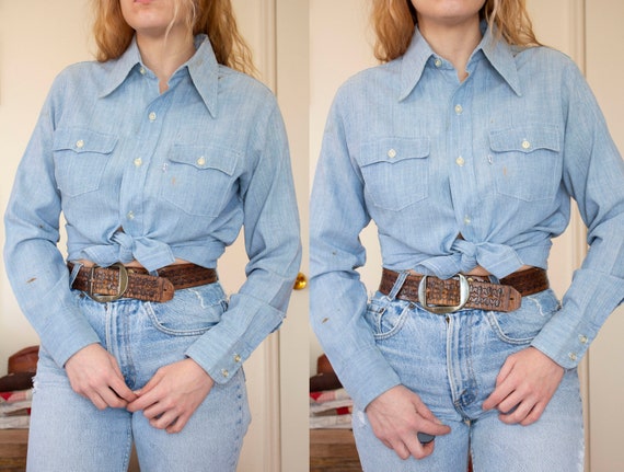 vintage 1970s white tab levi chambray denim butto… - image 1