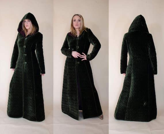 vintage 1980s long velvet hooded coat 30s 40s styl