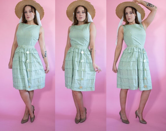 1950s drop waist green gingham sun dress - image 2