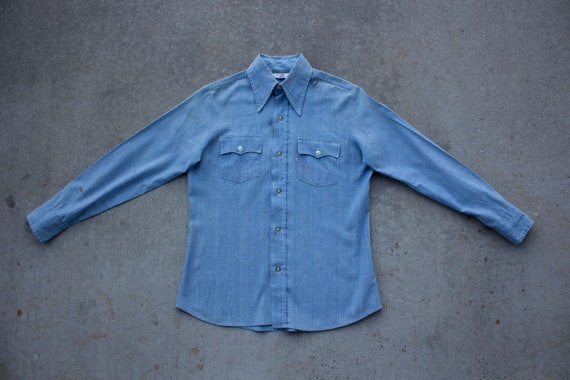 vintage 1970s white tab levi chambray denim butto… - image 4