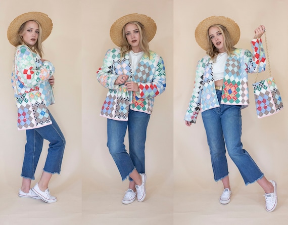 antique 1930s feedsack quilt jacket with matching