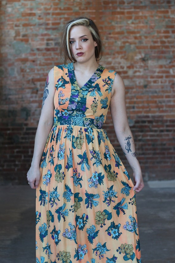 1970s orange floral sleeveless maxi dress - image 3