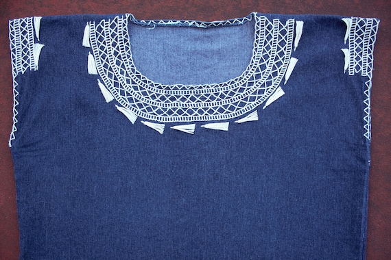 1970s vintage denim embroidered mexican blouse - image 3