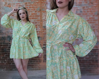 vintage 1970s green and yellow floral mini dress