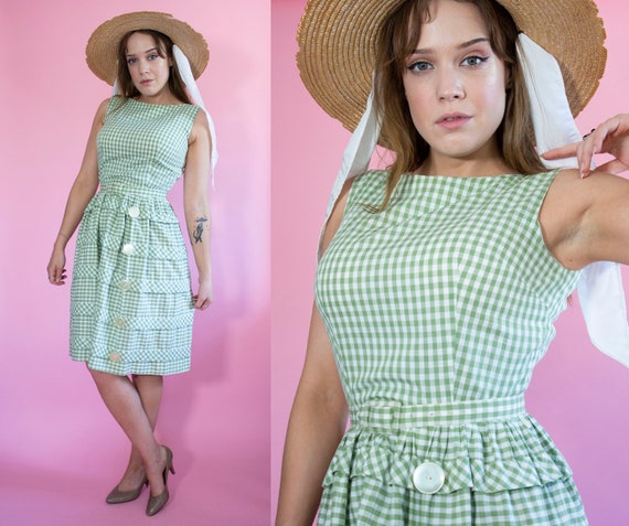 1950s drop waist green gingham sun dress - image 4