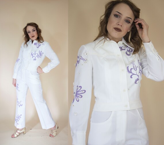white and purple floral 1970s western suit