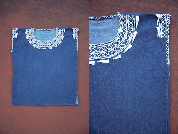 1970s vintage denim embroidered mexican blouse - image 2