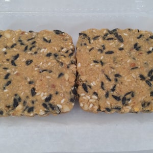 May include: Two rectangular birdseed cakes in a clear plastic container. The cakes are made with a mixture of seeds, nuts, and grains.