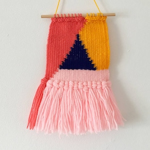 Woven wall hanging triangle design in Pink , Grey , Blue and Pink , Yellow, Blue - Geometric shape woven wall tapestry - Yarn wall hanging