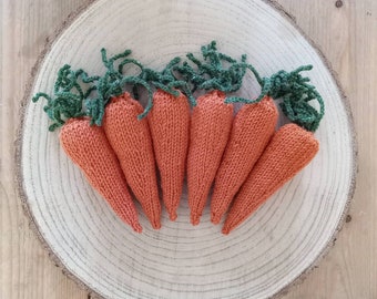 Knitted orange carrots, pretend play, play pretend, fake vegetables, toys, carrot cuddly toy, greengrocer, Easter decoration, carrot plushie