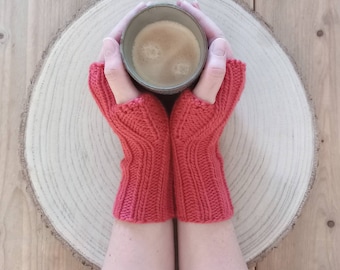 Knitted coral pink fingerless women's gloves, hand warmers, arm warmers, mittens, merino wool, mitts, winter accessories