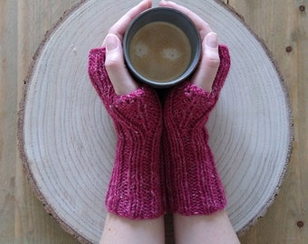 Knitted organic dark pink fingerless women's gloves, hand warmers, arm warmers, mittens, merino wool, hemp fiber, pink, mittens, accessories