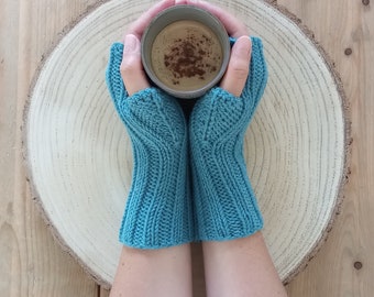 Knitted dark turquoise fingerless womens gloves, handwarmers, armwarmers, mittens, merino wool, sustainable, mitts, winter accessoires