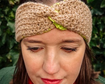 Bandeau au crochet fait main - Bandeau chaud vert et beige pour femme