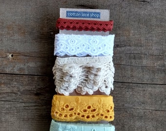 6 metres / Cotton Lace Trim Lot, Cotton lace trim pack, cotton lace ribbon, junk journal lace trim