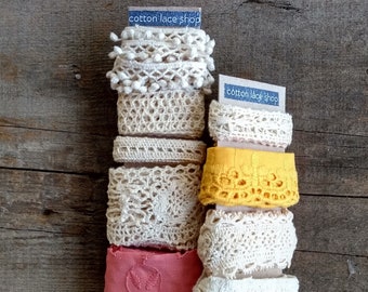 9 metres / Cotton Lace Trim Lot, Cotton lace trim pack, cotton lace ribbon, junk journal lace trim