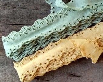 Mustard and khaki colour cotton embroidery trim, cotton lace trim, insertion and edging lace trim