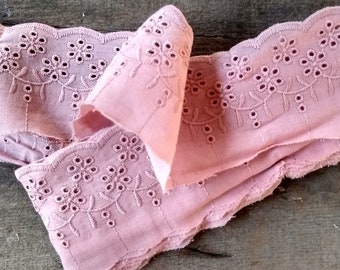 Pink colour cotton embroidery trim, cotton lace trim, scolloped edging lace trim, 7cm