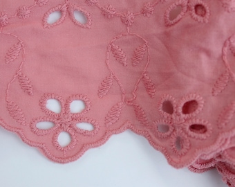 10 cm wide - Scalloped edge Broderie Anglaise lace - Salmon pink colour cotton embroidery eyelet lace trim - Edging lace trim