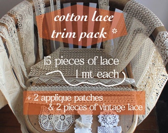 Cotton lace trim pack, craft kit, cotton lace lot, cotton lace gift pack, un-dyed cotton trim, cotton lace trim craft set