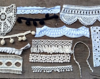 19 pieces of cotton lace trim pack, cotton lace lot box / Lace trim grab bag / Junk journal lace