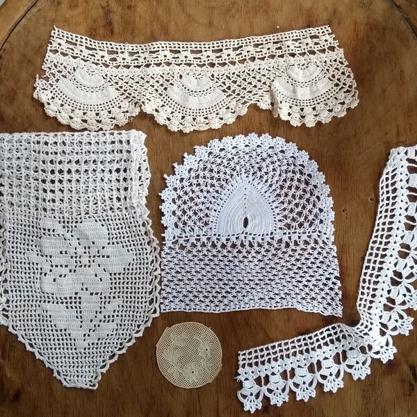 5 pieces of handmade vintage lace/ Sewing junk journal lace / Lace trim grab bag / Cotton lace trim pack, cotton lace lot