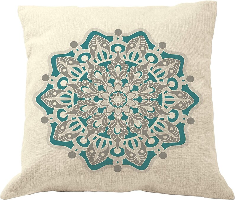 DrupsCo 18x18 Throw Pillow Cover Cotton Linen Boho Decor Pillow Case, Boho Themed Home Decor Mandala - Gray