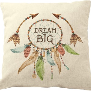 DrupsCo 18x18 Throw Pillow Cover Cotton Linen Boho Decor Pillow Case, Boho Themed Home Decor Dreamcatcher