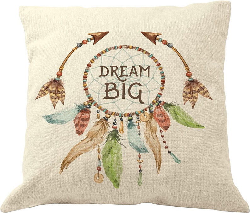 DrupsCo 18x18 Throw Pillow Cover Cotton Linen Boho Decor Pillow Case, Boho Themed Home Decor Dreamcatcher