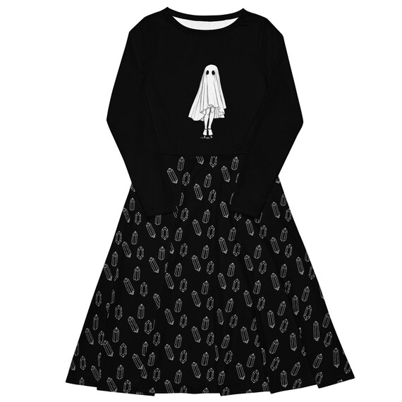 Halloween Ghost Print Midi Dress: Crystal Accents, Long Sleeves