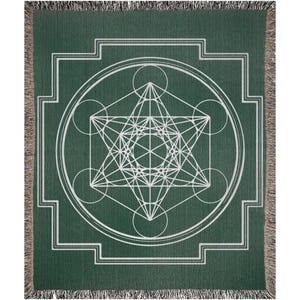 May include: A green tapestry with a white geometric design. The design is a complex pattern of overlapping circles, squares, and triangles. The tapestry has a fringed border.