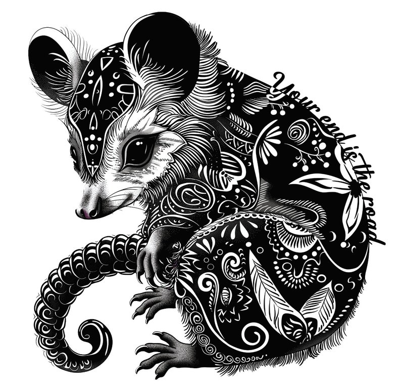 May include: Black and white illustration of an opossum with intricate patterns. The opossum is curled up, with the text "Your end is the road" in a script font. The design features floral and geometric elements.