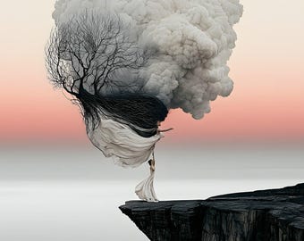 Surrealistische vrouw en stormwolkenkunst | Het gewicht van wolken | Printbare digitale download