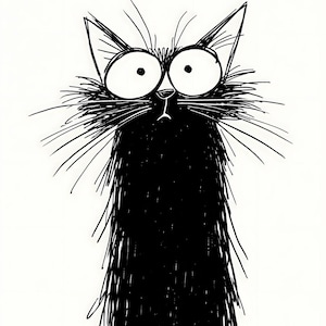 May include: A black and white line art illustration of a cat with a long, shaggy body, large circular eyes, and prominent whiskers. The drawing features a messy, sketch-like texture throughout the feline form, with the word Cat printed in the corner.