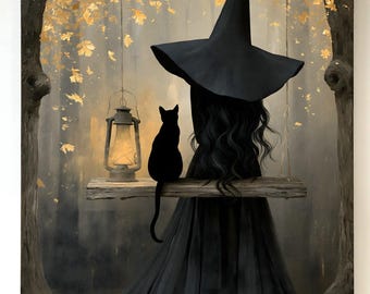 Witch and Black Cat Halloween Art | Witch on the Swing II | Printable Digital Download | Fall PNG