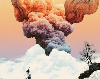 Retro surrealistische wolkenposter | De oproeping | Printbare digitale download