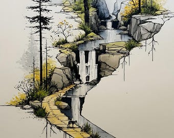 Waterval op een drijvend eiland | Inkttekening | De kronkelende beek | Printbare digitale download